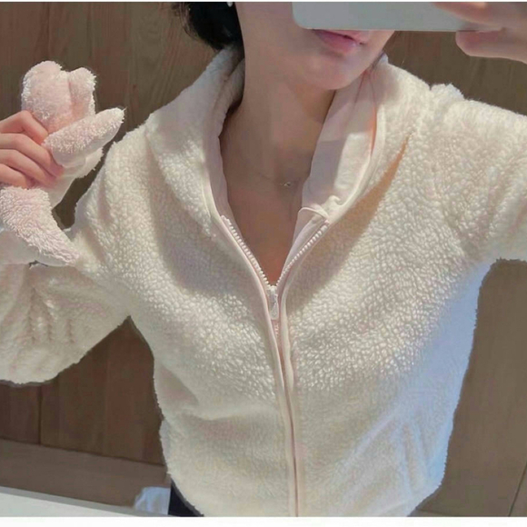 Cream Pink Teddy Zip Hoodie Jacket - Picture 5 of 10